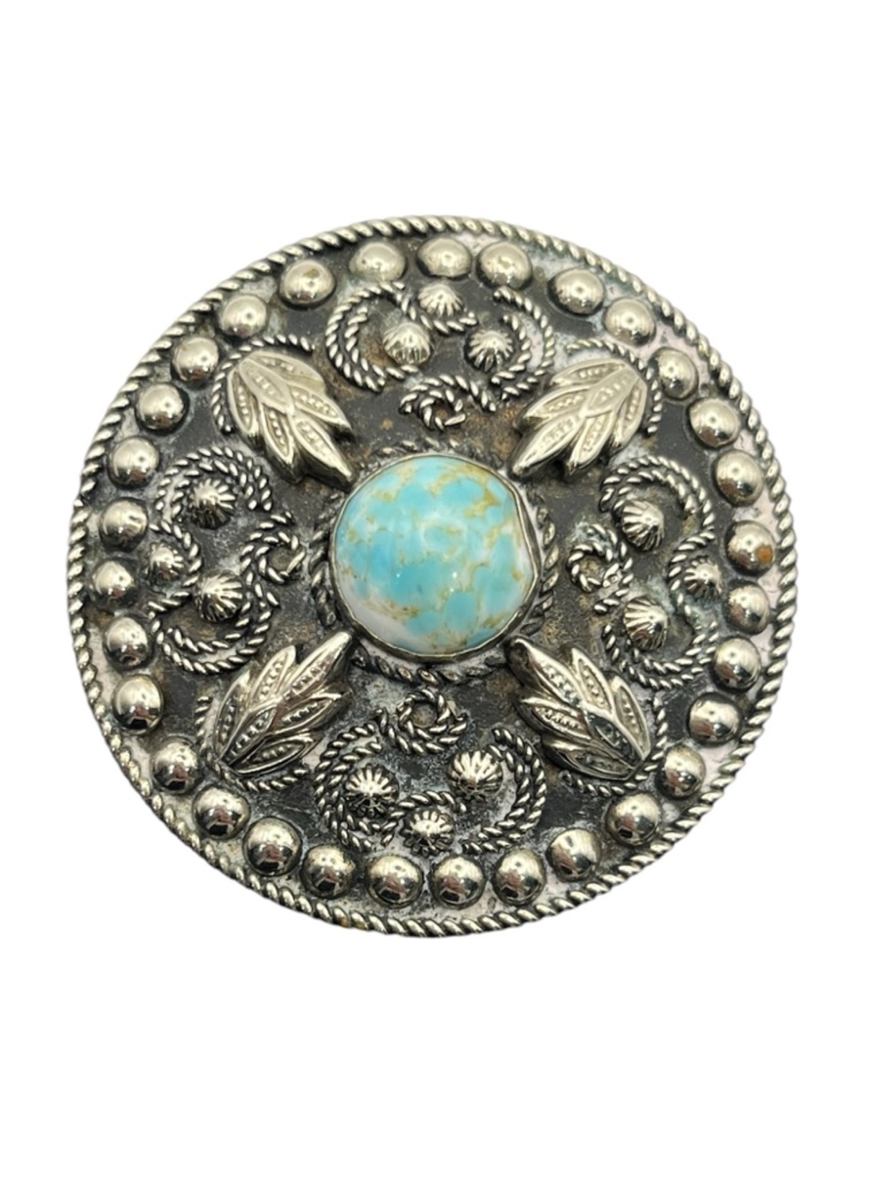 Concho repousse style silver tone ornate round brooch pin w blue stone